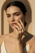 Ruby Pearl Accent Ring open band ring with pearl detail lifestyle shot worn on model against neutral background, ZARIÉ fine jewellery RAYONNE collection