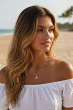 Sea Charm Necklace — Gold fine chain necklace champagne gold-tone lifestyle shot worn on model against neutral background, ZARIÉ fine jewellery RAYONNE collection