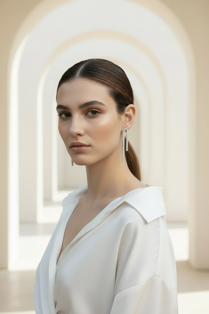 Signature Curve Earrings open band ring lifestyle shot worn on model against neutral background, ZARIÉ fine jewellery LUMIÈRE collection