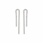 Pair of silver earrings with clear gemstones on a white background