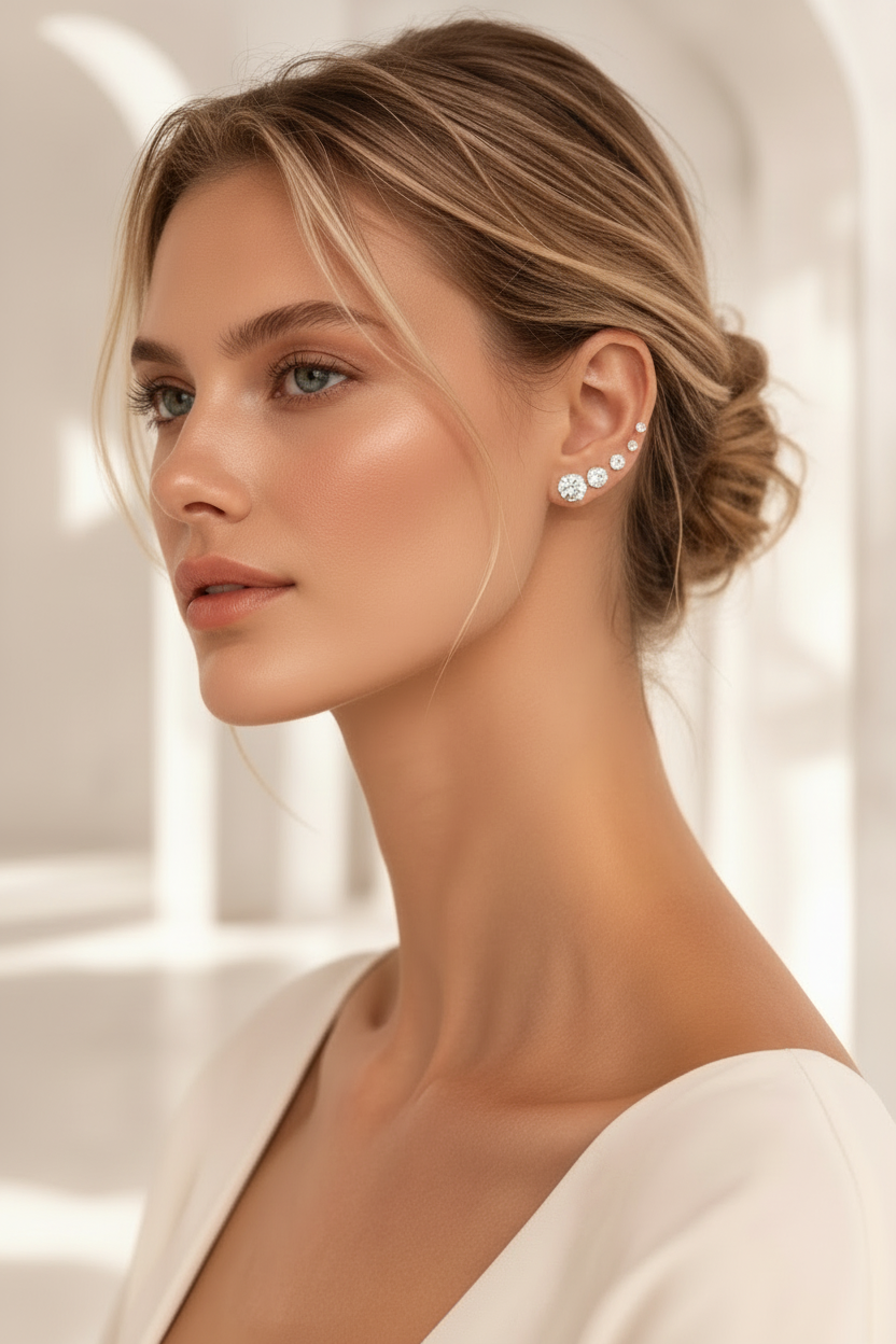 Woman wearing diamond earrings against a neutral background