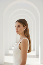 Woman in a white dress standing in a sunlit archway