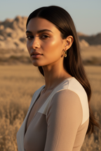 Silhouette Charm Hoop Earrings hoop earrings lifestyle shot worn on model against neutral background, ZARIÉ fine jewellery LUMIÈRE collection