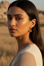 Silhouette Charm Hoop Earrings hoop earrings lifestyle shot worn on model against neutral background, ZARIÉ fine jewellery LUMIÈRE collection