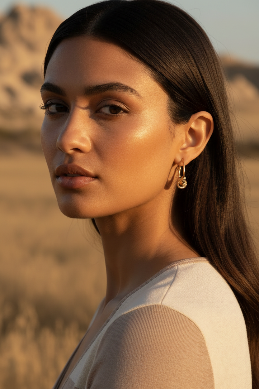 Silhouette Charm Hoop Earrings hoop earrings lifestyle shot worn on model against neutral background, ZARIÉ fine jewellery LUMIÈRE collection