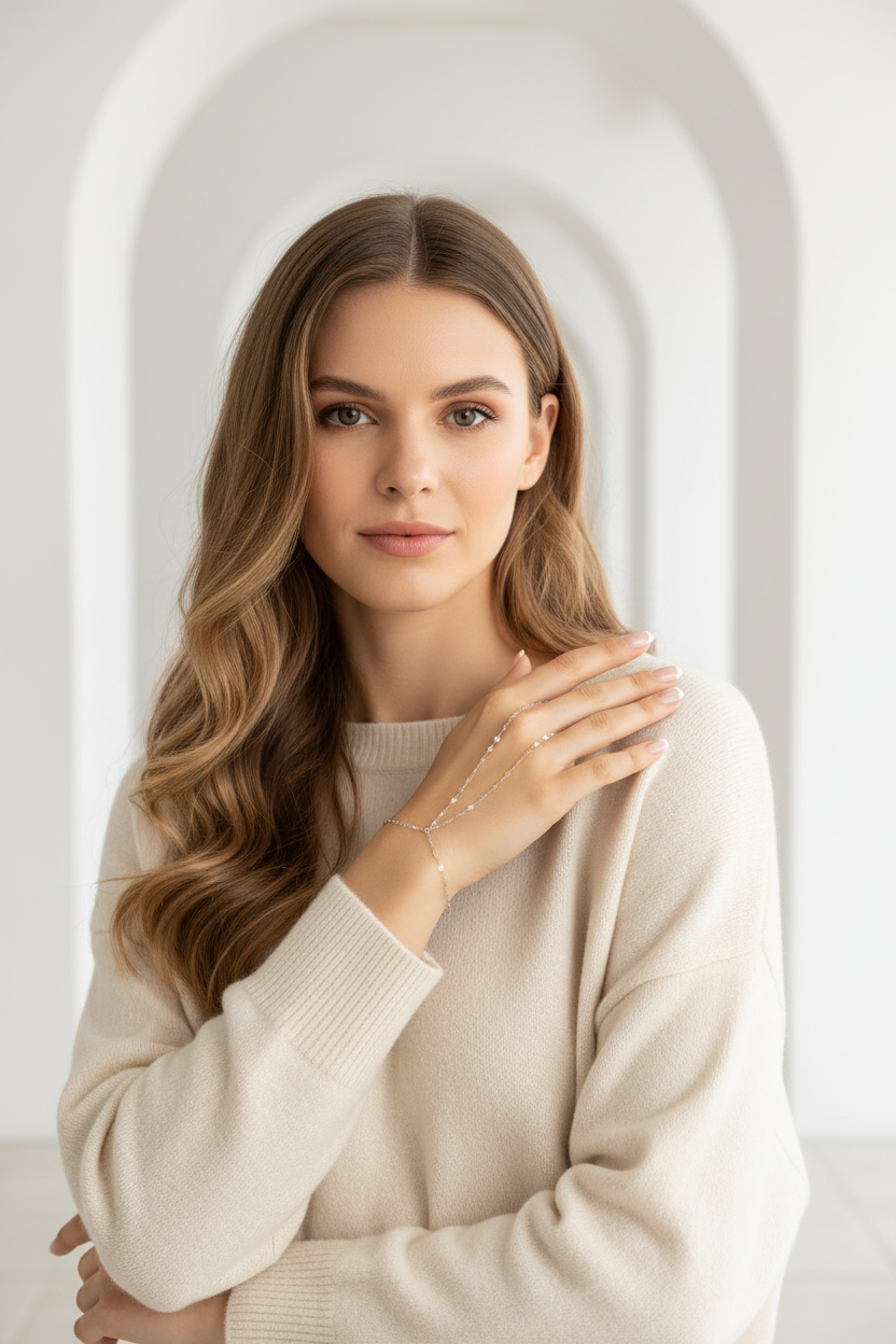 Sleek Aura Line Handpiece fine jewellery piece lifestyle shot worn on model against neutral background, ZARIÉ fine jewellery ÉLORA collection