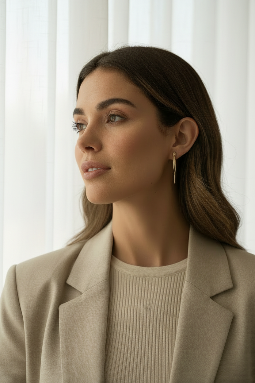 Slim Horn Drop Earrings drop earrings lifestyle shot worn on model against neutral background, ZARIÉ fine jewellery LUMIÈRE collection