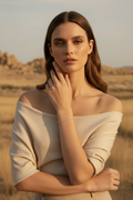 Slim Pavé Line Bracelet delicate bracelet with pavé stone setting lifestyle shot worn on model against neutral background, ZARIÉ fine jewellery ÉLORA collection
