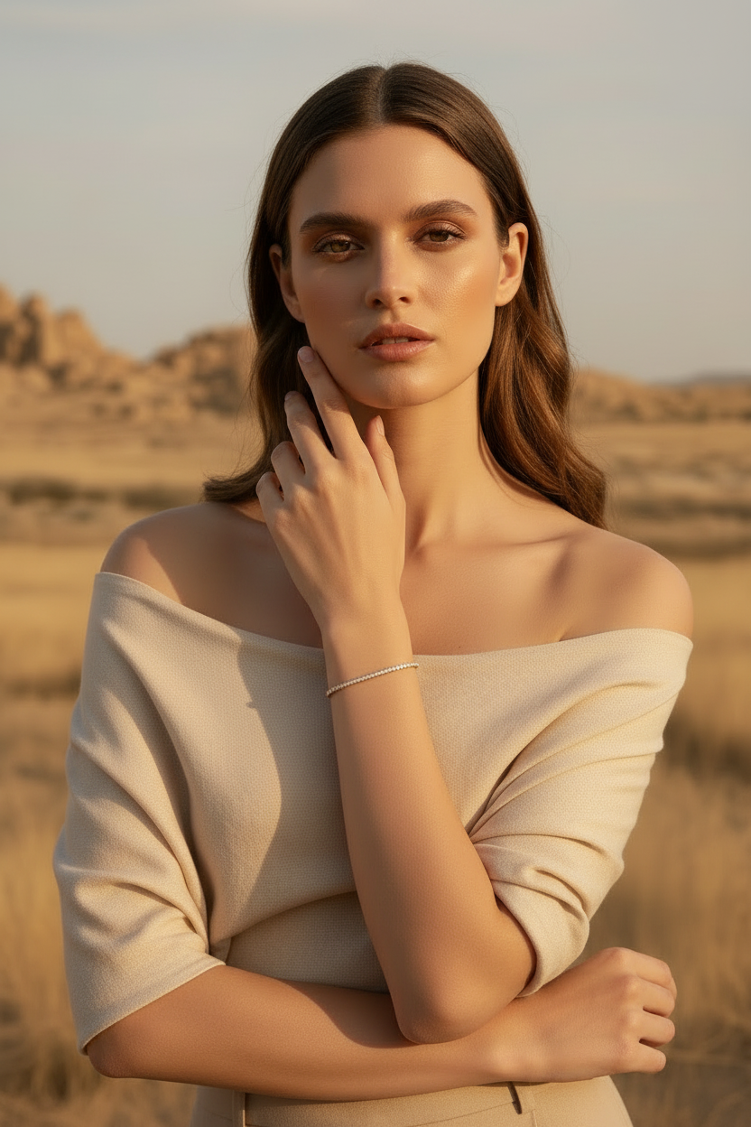 Slim Pavé Line Bracelet delicate bracelet with pavé stone setting lifestyle shot worn on model against neutral background, ZARIÉ fine jewellery ÉLORA collection