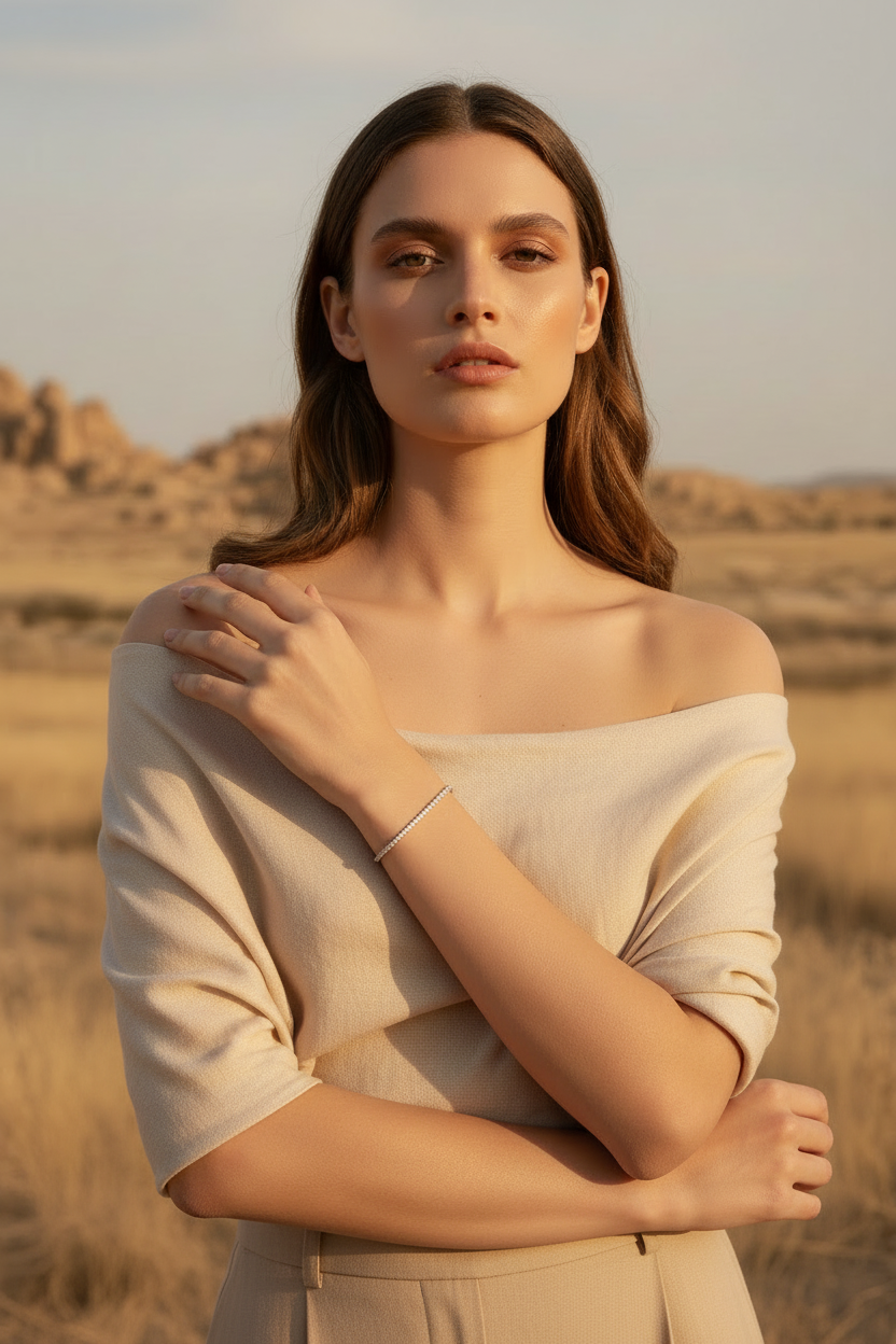 Slim Pavé Line Bracelet delicate bracelet with pavé stone setting lifestyle shot worn on model against neutral background, ZARIÉ fine jewellery ÉLORA collection