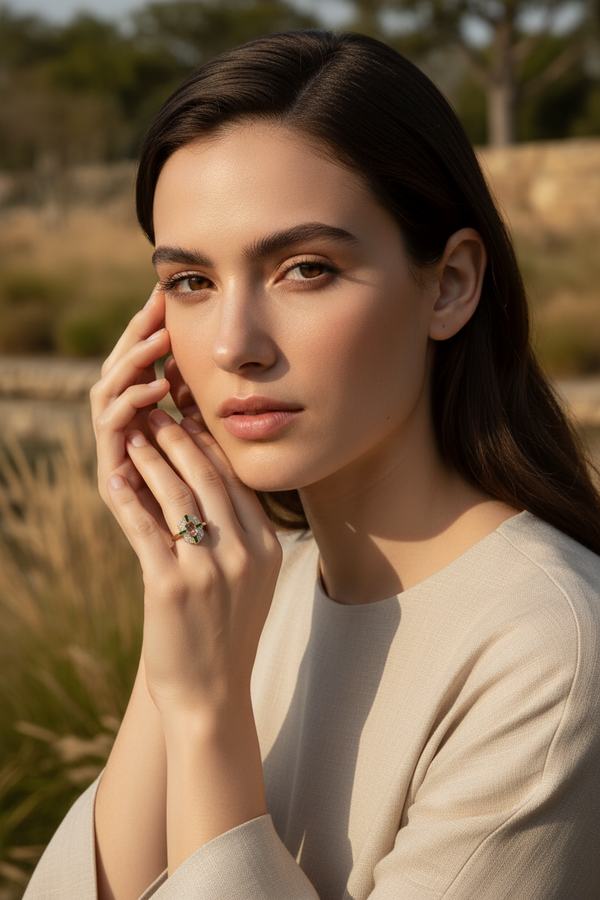Woman with hand near face in a natural setting