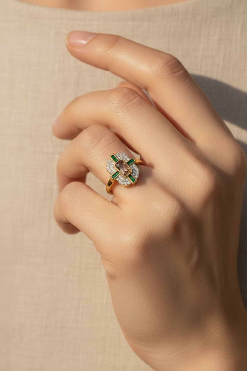 Close-up of a hand wearing a decorative ring on a neutral background