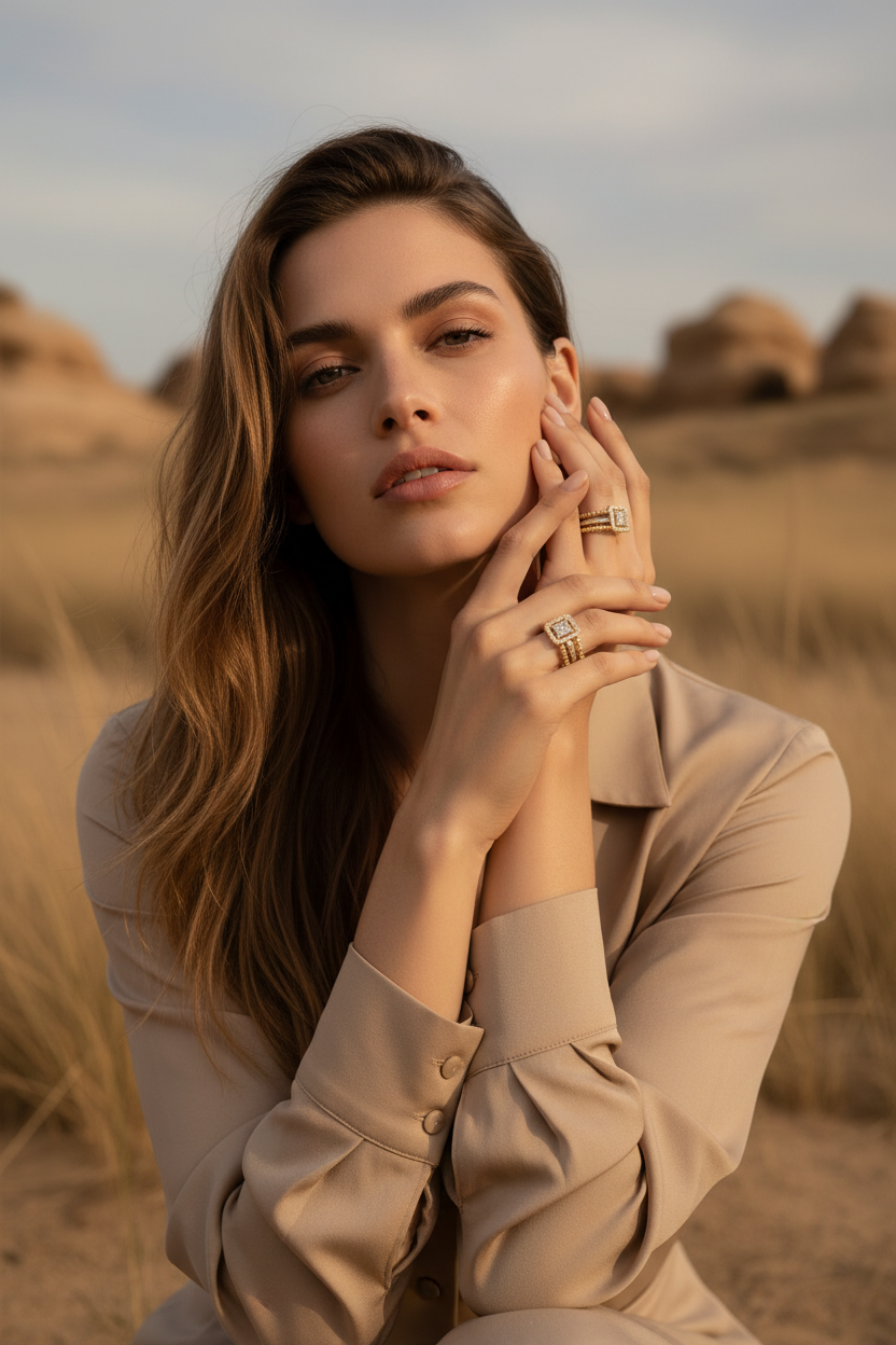 Delicate champagne gold square halo open ring with pavé crystal detailing on hand against neutral beige background, minimal adjustable design with refined geometric shape and polished metallic finish, soft natural lighting with warm undertones