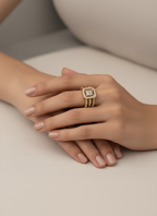 Square halo open ring in champagne gold with pavé crystal detailing photographed on soft beige linen background, showing adjustable open band and geometric square motif, minimal elegant design with warm beige aesthetic