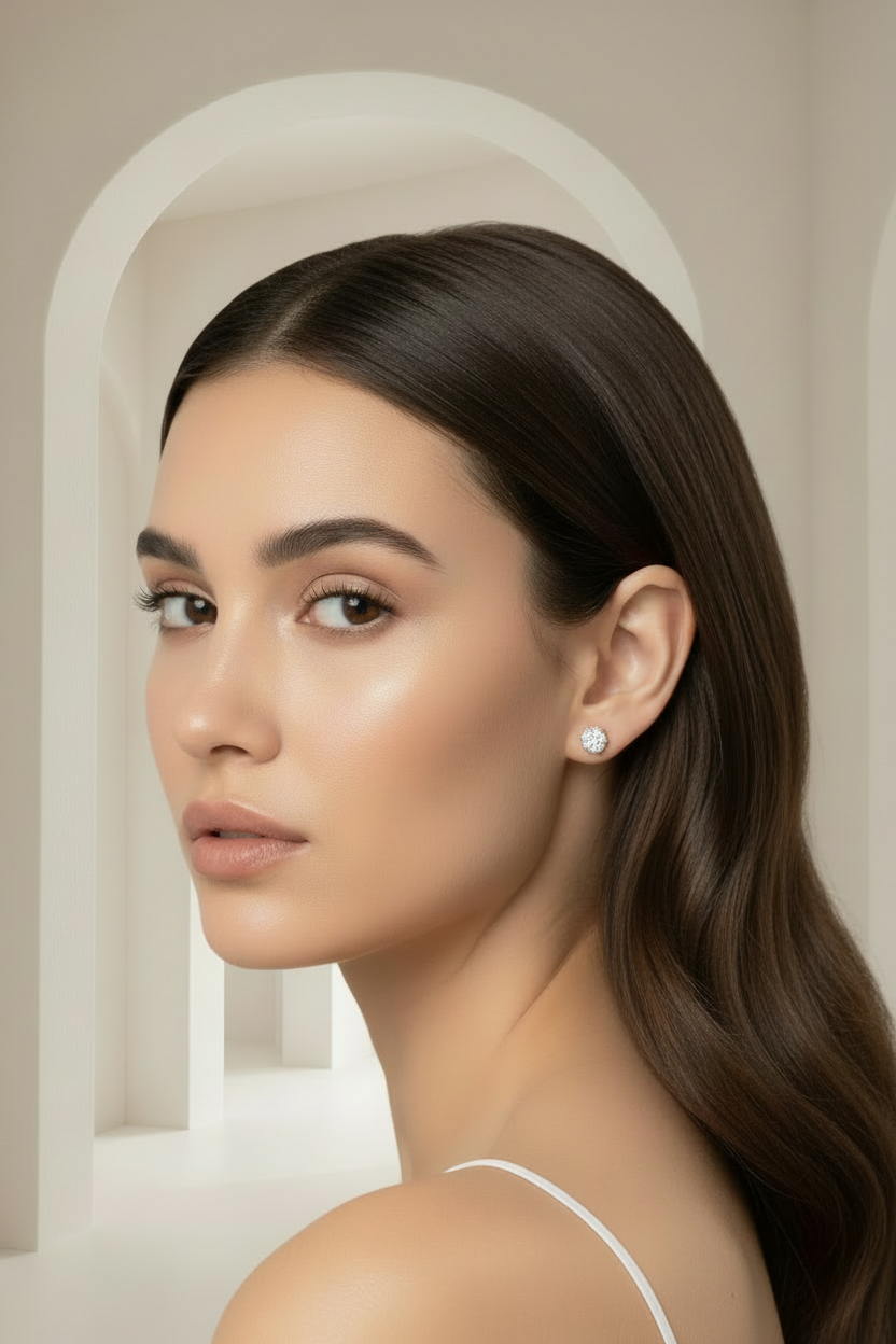 Star Cluster Stud Earrings – Petite stud earrings lifestyle shot worn on model against neutral background, ZARIÉ fine jewellery LUMIÈRE collection