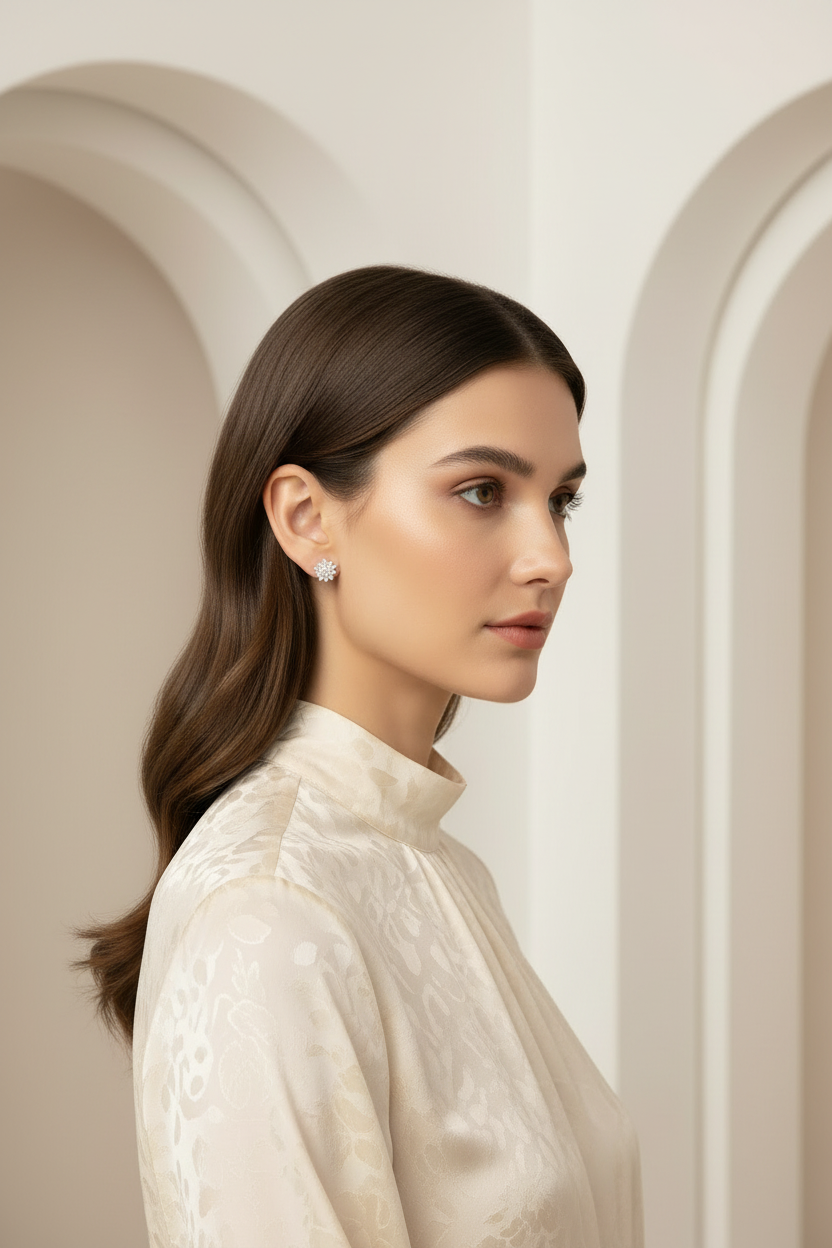 Star Cluster Stud Earrings – Statement stud earrings lifestyle shot worn on model against neutral background, ZARIÉ fine jewellery LUMIÈRE collection