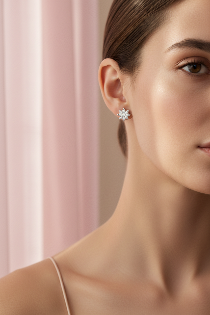 Star Halo Stud Earrings – Classic stud earrings lifestyle shot worn on model against neutral background, ZARIÉ fine jewellery ÉLORA collection