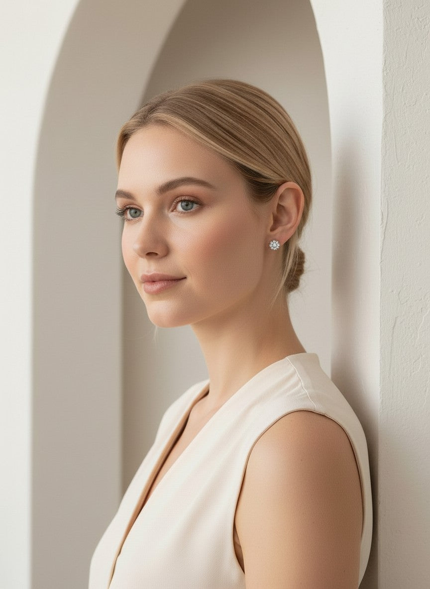 Star Halo Stud Earrings – Statement stud earrings lifestyle shot worn on model against neutral background, ZARIÉ fine jewellery ÉLORA collection