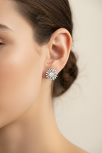 Star Halo Stud Earrings – Statement stud earrings lifestyle shot worn on model against neutral background, ZARIÉ fine jewellery ÉLORA collection