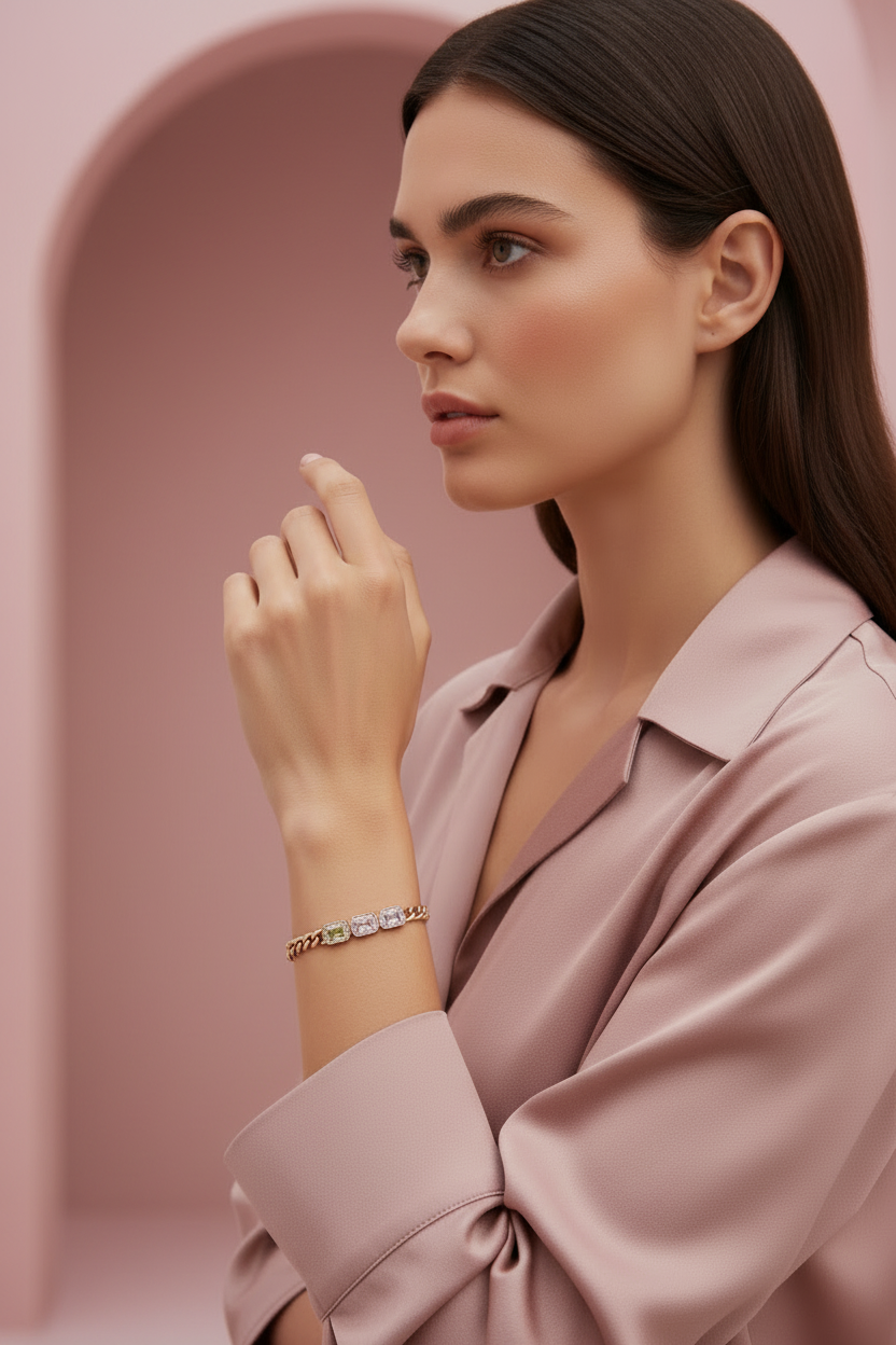 Stone Frame Chain Bracelet fine chain necklace lifestyle shot worn on model against neutral background, ZARIÉ fine jewellery RAYONNE collection