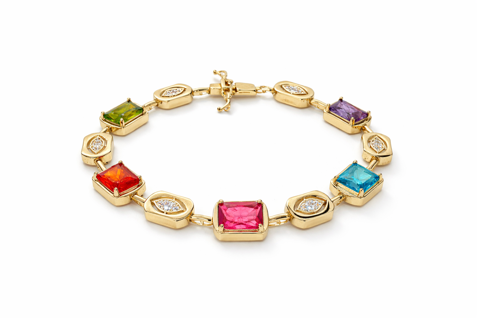 Gold bracelet with colorful gemstones on a white background