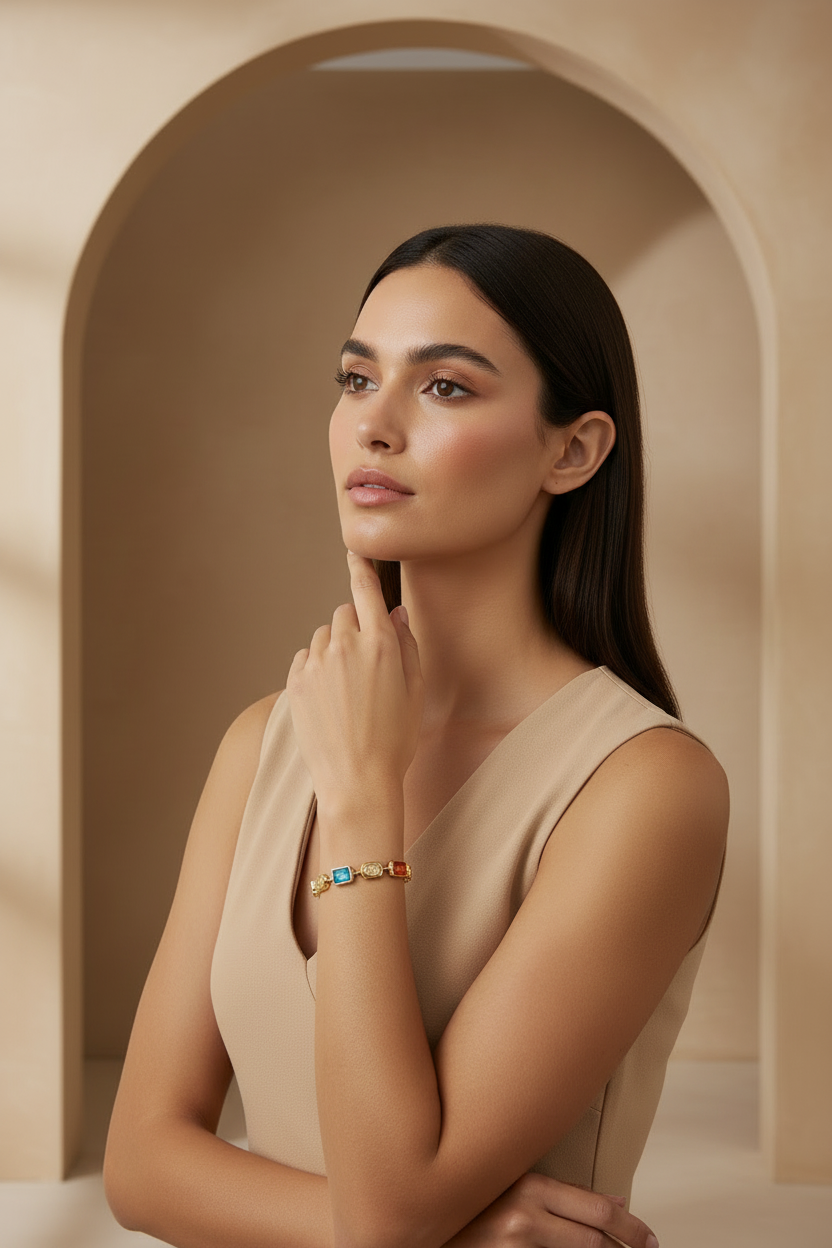 Woman wearing a bracelet with colorful stones in a beige interior setting