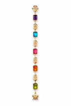 Gold necklace with multicolored gemstones on a white background