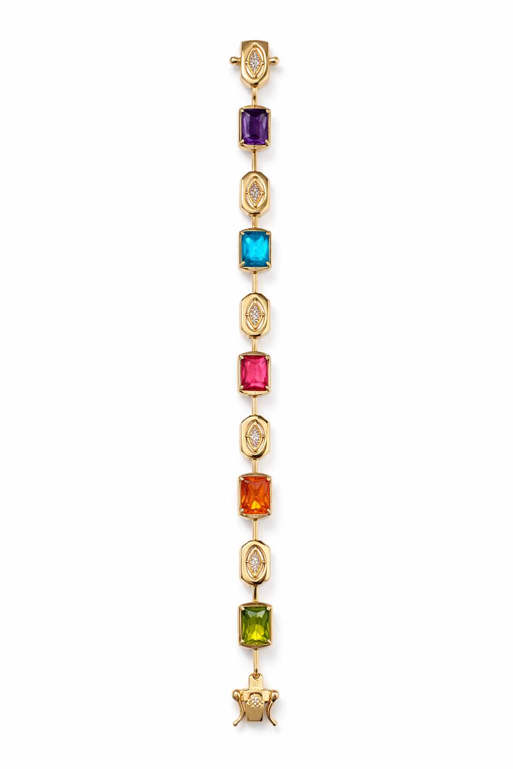 Gold necklace with multicolored gemstones on a white background