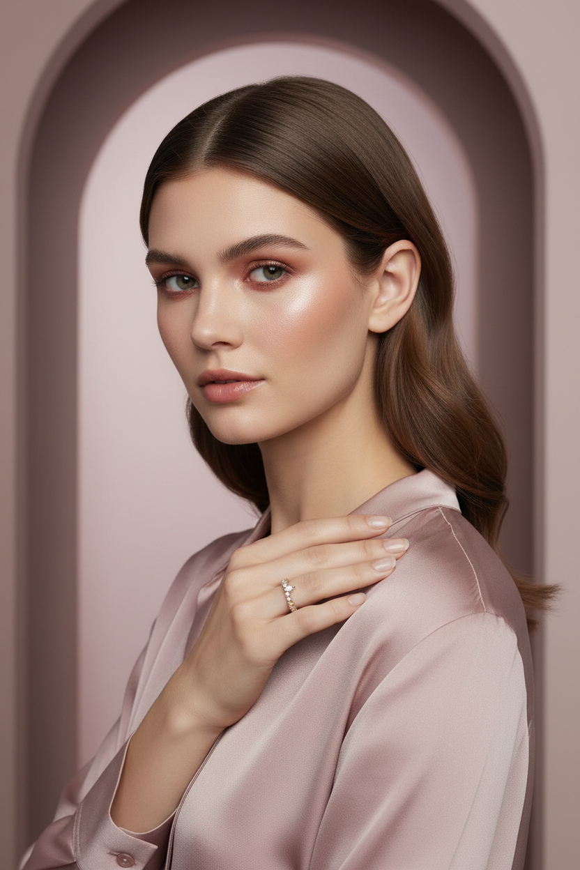 Subtle Accent Ring open band ring lifestyle shot worn on model against neutral background, ZARIÉ fine jewellery RAYONNE collection