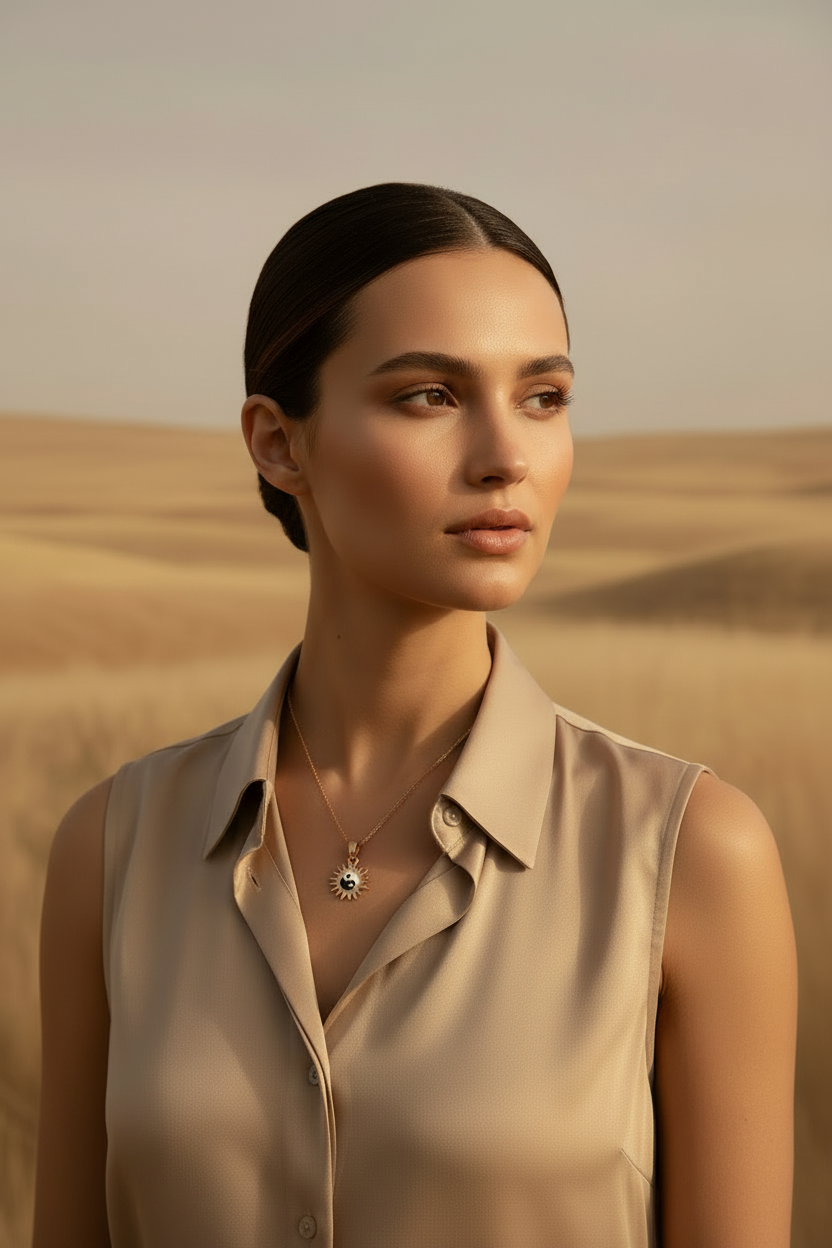 Sun Medallion Charm fine jewellery piece lifestyle shot worn on model against neutral background, ZARIÉ fine jewellery HARMONIE collection