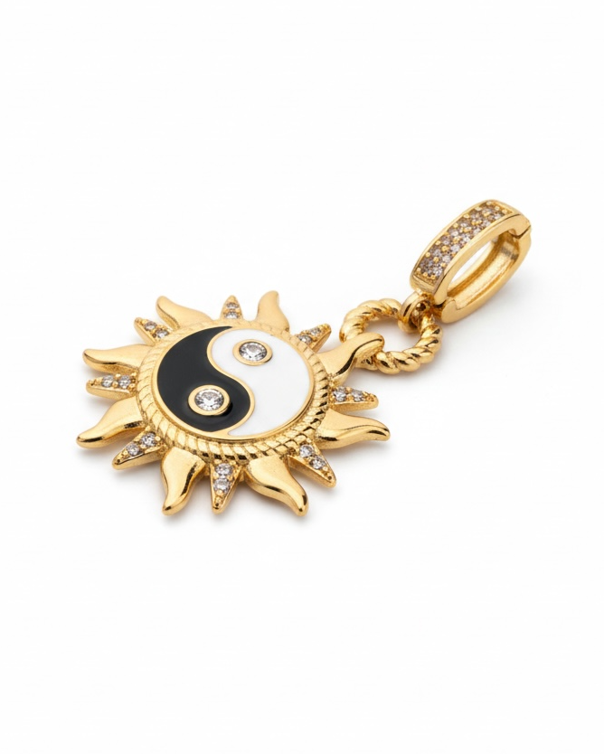 Sun Medallion Charm fine jewellery piece on clean white background, product flat lay, ZARIÉ fine jewellery HARMONIE collection
