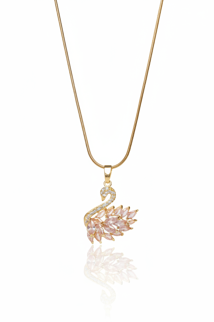 Swan Crest Necklace — Rosée fine chain necklace lifestyle shot worn on model against neutral background, ZARIÉ fine jewellery RAYONNE collection