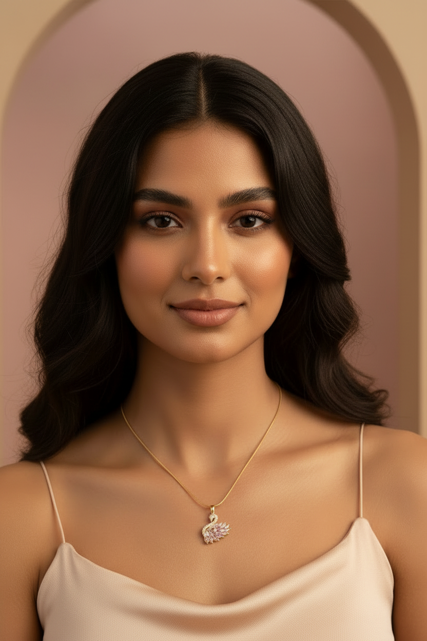 Swan Crest Necklace — Rosée fine chain necklace close-up detail shot showing craftsmanship, ZARIÉ fine jewellery RAYONNE collection