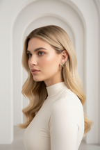 Textured Pavé Oval Hoop Earrings hoop earrings with pavé stone setting lifestyle shot worn on model against neutral background, ZARIÉ fine jewellery LUMIÈRE collection