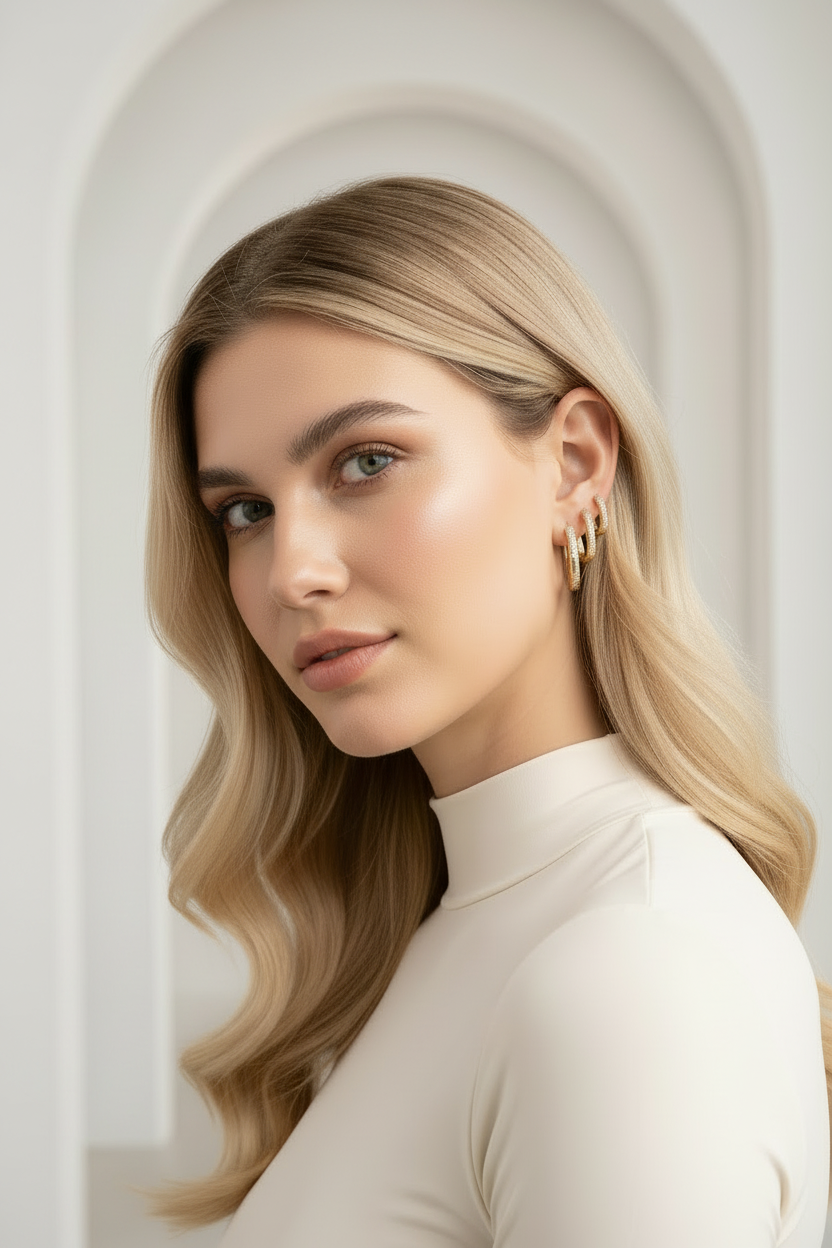 Textured Pavé Oval Hoop Earrings hoop earrings with pavé stone setting lifestyle shot worn on model against neutral background, ZARIÉ fine jewellery LUMIÈRE collection