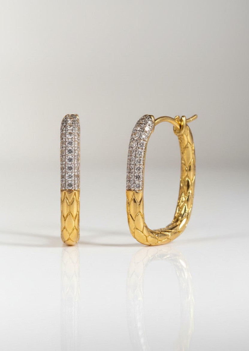 Textured Pavé Oval Hoop Earrings hoop earrings with pavé stone setting lifestyle shot worn on model against neutral background, ZARIÉ fine jewellery LUMIÈRE collection