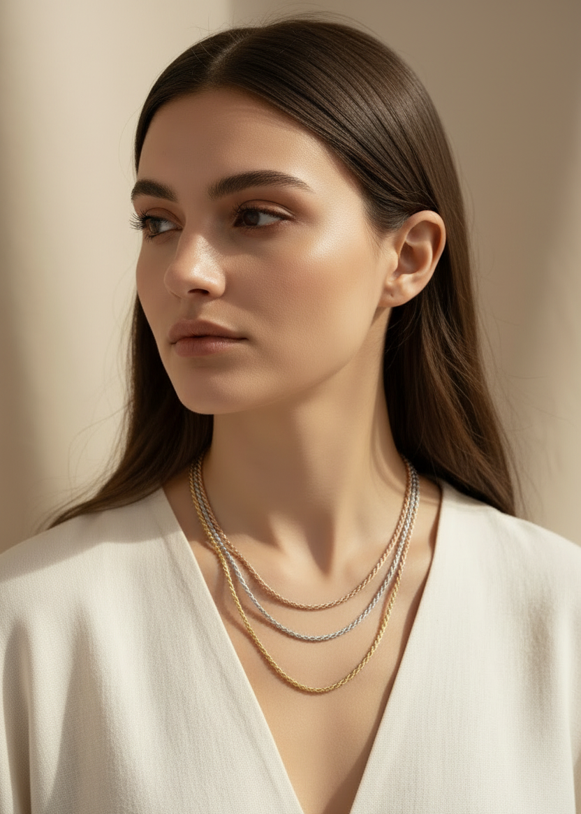 Woman wearing layered tri-tone twisted chain necklace set in rose gold, silver and champagne gold against neutral beige background, delicate minimal jewellery styling with three different length chains creating refined layered composition, soft natural lighting with warm undertones