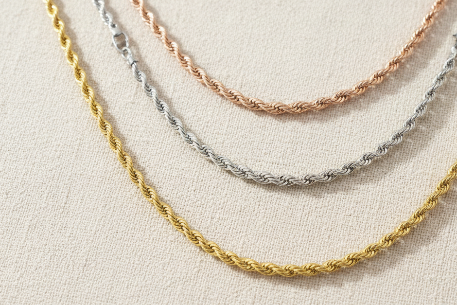 Tri-tone twisted chain necklace set in rose gold, silver and champagne gold arranged on textured cream linen fabric, flat lay composition showing three separate chains of varying lengths, minimal elegant design with warm beige aesthetic and polished metallic finish
