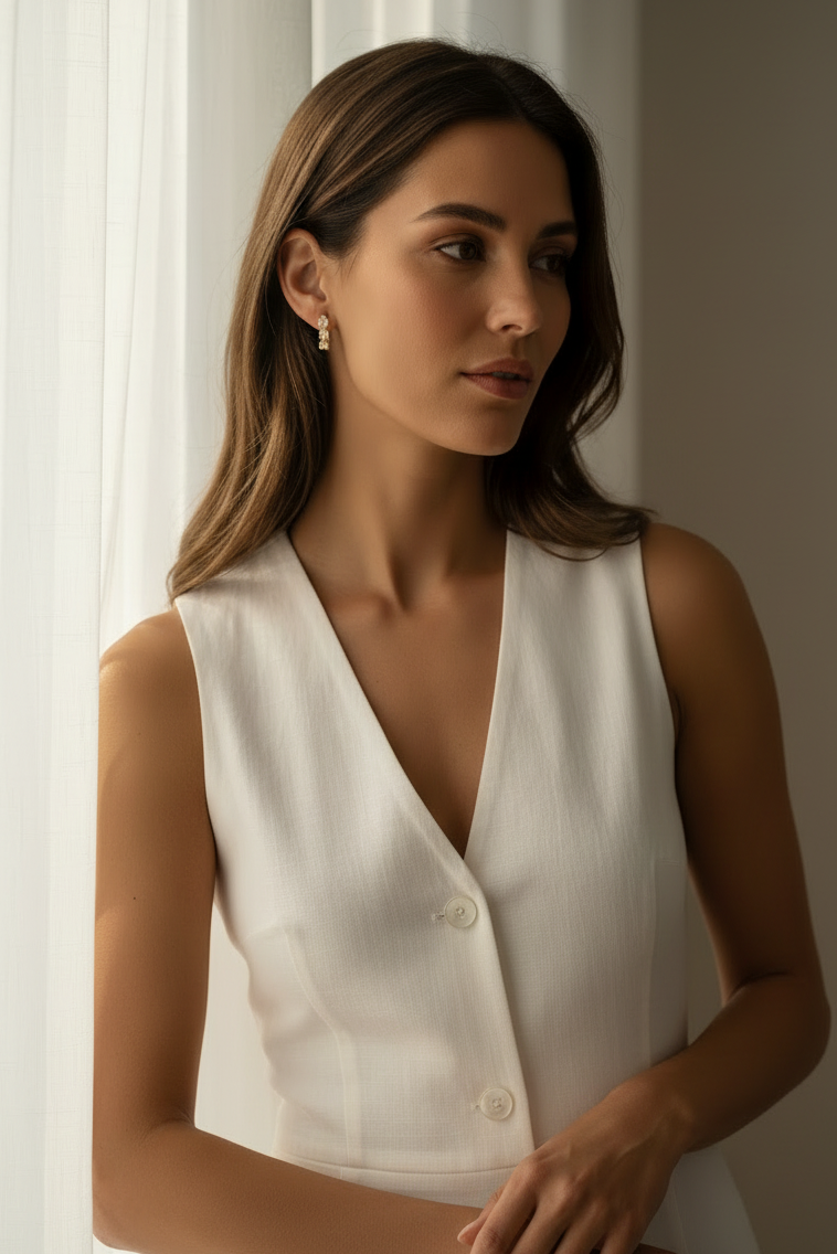 Trio Crystal Bar  Earrings open band ring lifestyle shot worn on model against neutral background, ZARIÉ fine jewellery LUMIÈRE collection