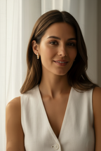 Trio Crystal Bar  Earrings open band ring lifestyle shot worn on model against neutral background, ZARIÉ fine jewellery LUMIÈRE collection