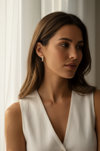 Trio Crystal Bar  Earrings open band ring lifestyle shot worn on model against neutral background, ZARIÉ fine jewellery LUMIÈRE collection