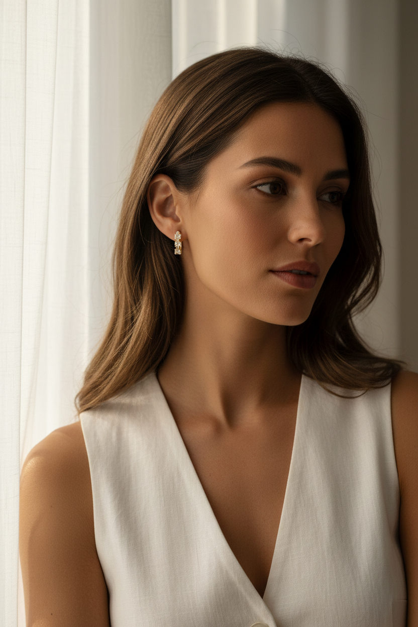 Trio Crystal Bar  Earrings open band ring lifestyle shot worn on model against neutral background, ZARIÉ fine jewellery LUMIÈRE collection