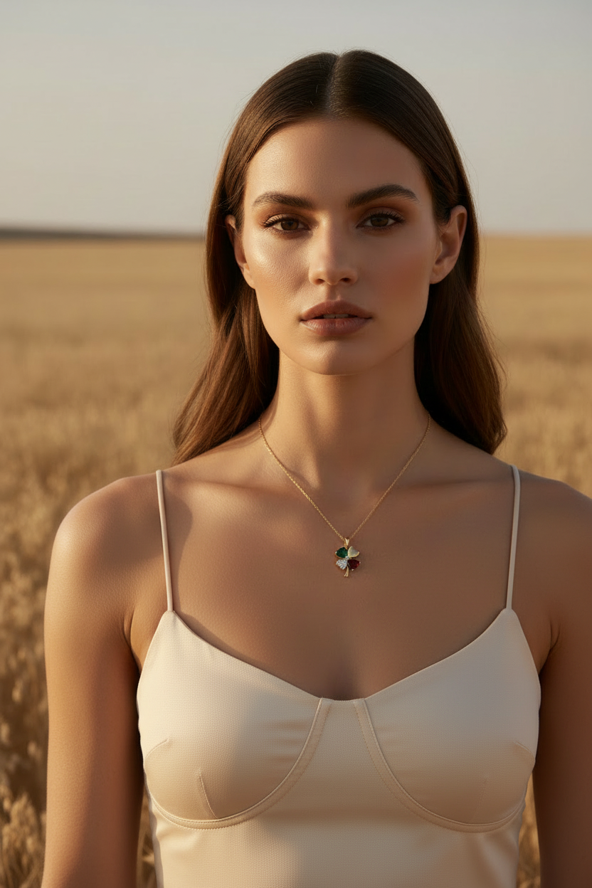 Verdant Clover Necklace fine chain necklace four-leaf clover motif lifestyle shot worn on model against neutral background, ZARIÉ fine jewellery RAYONNE collection