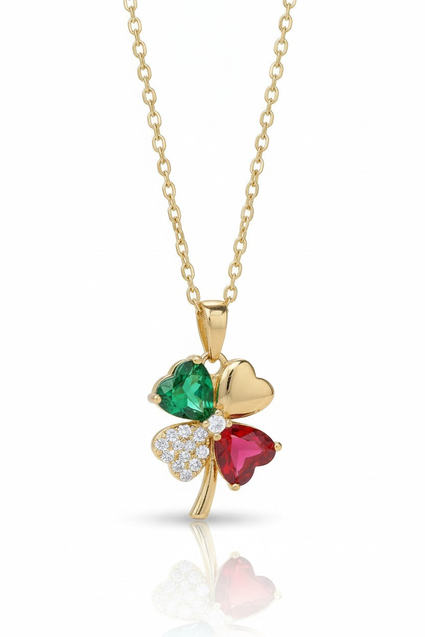 Verdant Clover Necklace fine chain necklace four-leaf clover motif on clean white background, product flat lay, ZARIÉ fine jewellery RAYONNE collection