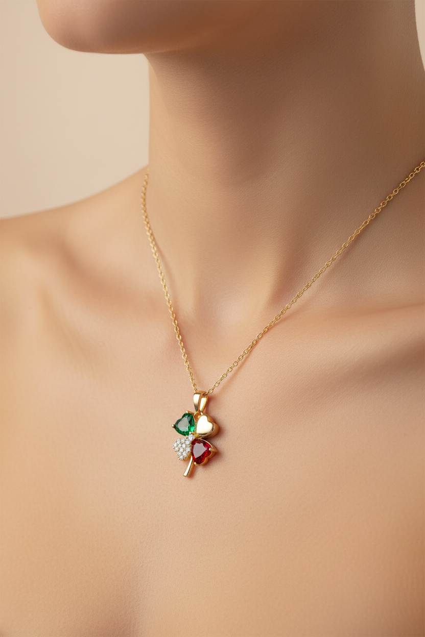 Verdant Clover Necklace fine chain necklace four-leaf clover motif lifestyle shot worn on model against neutral background, ZARIÉ fine jewellery RAYONNE collection