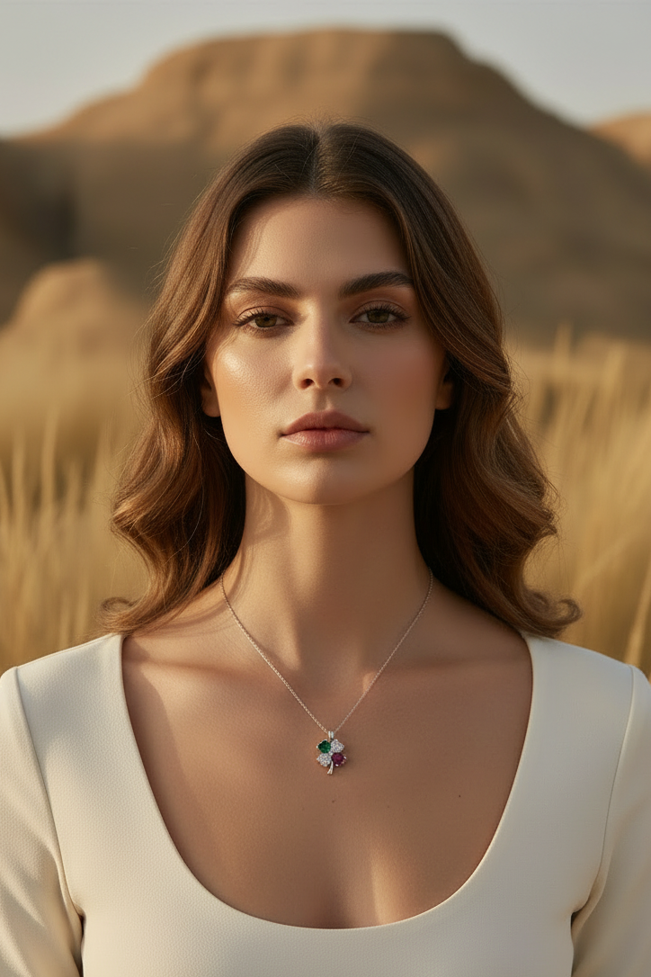 Verdant Clover Necklace — Silver fine chain necklace silver-tone four-leaf clover motif lifestyle shot worn on model against neutral background, ZARIÉ fine jewellery RAYONNE collection