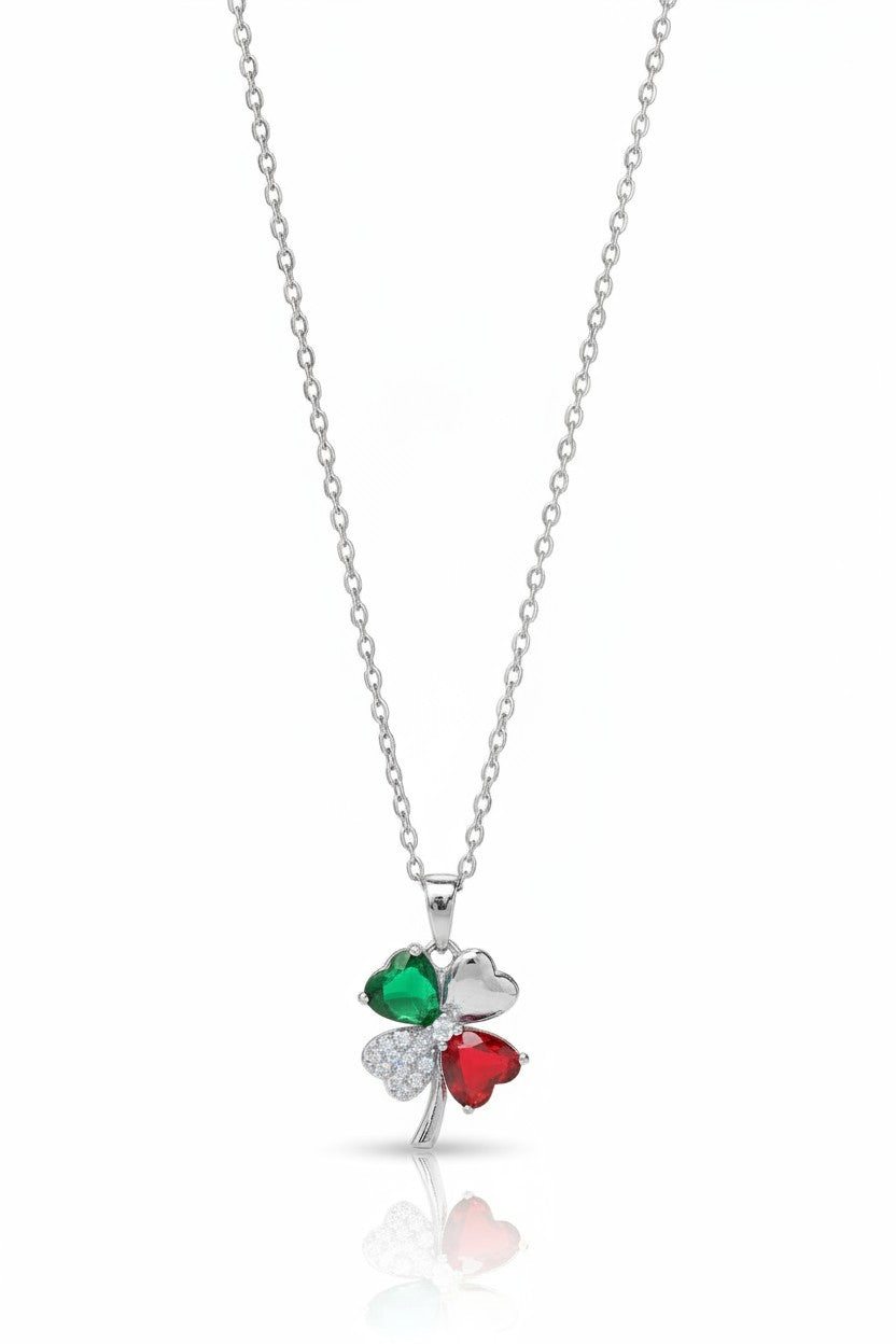 Verdant Clover Necklace — Silver fine chain necklace silver-tone four-leaf clover motif additional product view on soft beige background, ZARIÉ fine jewellery RAYONNE collection