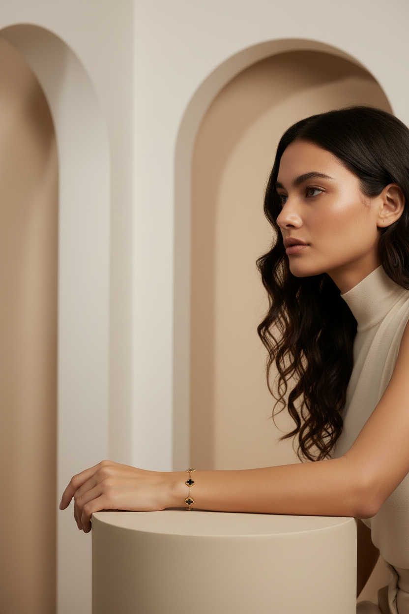 Verre Clover Bracelet — Black on Gold delicate bracelet champagne gold-tone four-leaf clover motif lifestyle shot worn on model against neutral background, ZARIÉ fine jewellery SÉRÉNITÉ collection