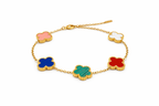 Colorful bracelet with four leaf-shaped charms on a white background