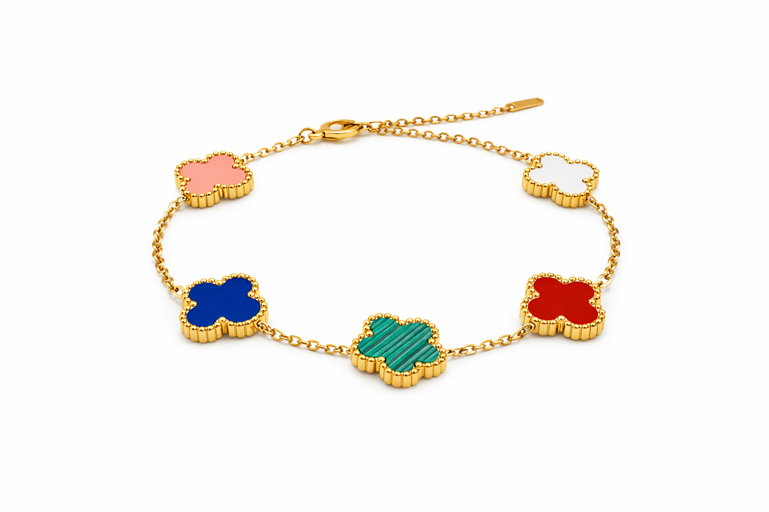 Colorful bracelet with four leaf-shaped charms on a white background